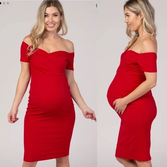 PinkBlush Red Solid Off Shoulder Maternity Fitted Dress size small - Picture 2 of 5